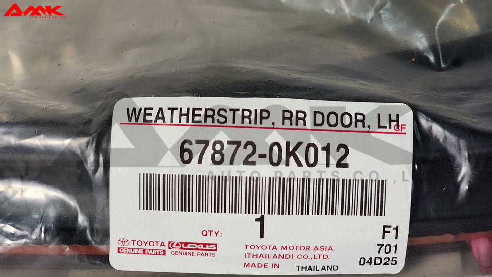 TOYOTA WEATHERSTRIP, RR DOOR, LH 67872-0K012